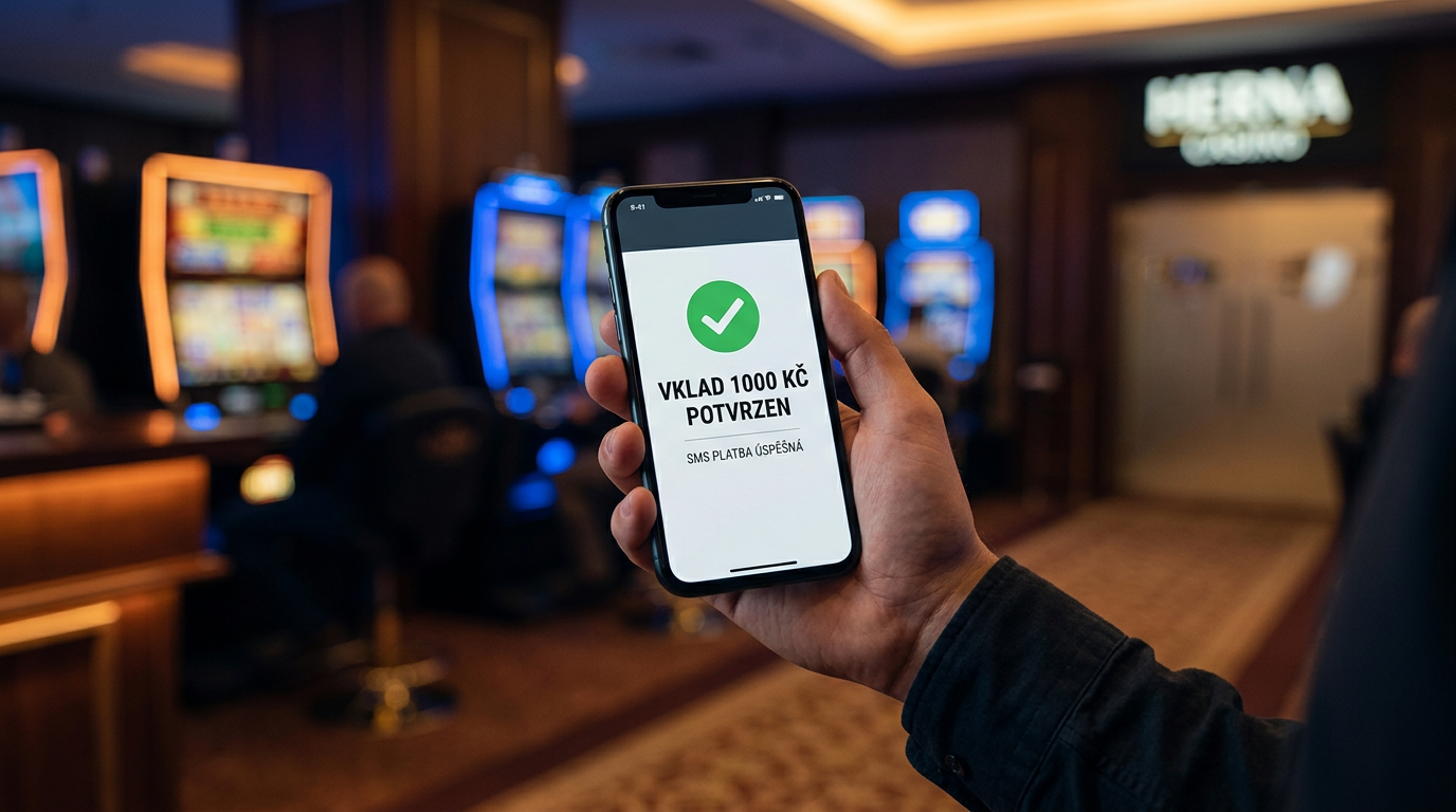Mobilní telefon s potvrzením o úspěšném vkladu 1000 Kč do online kasina přes SMS.
