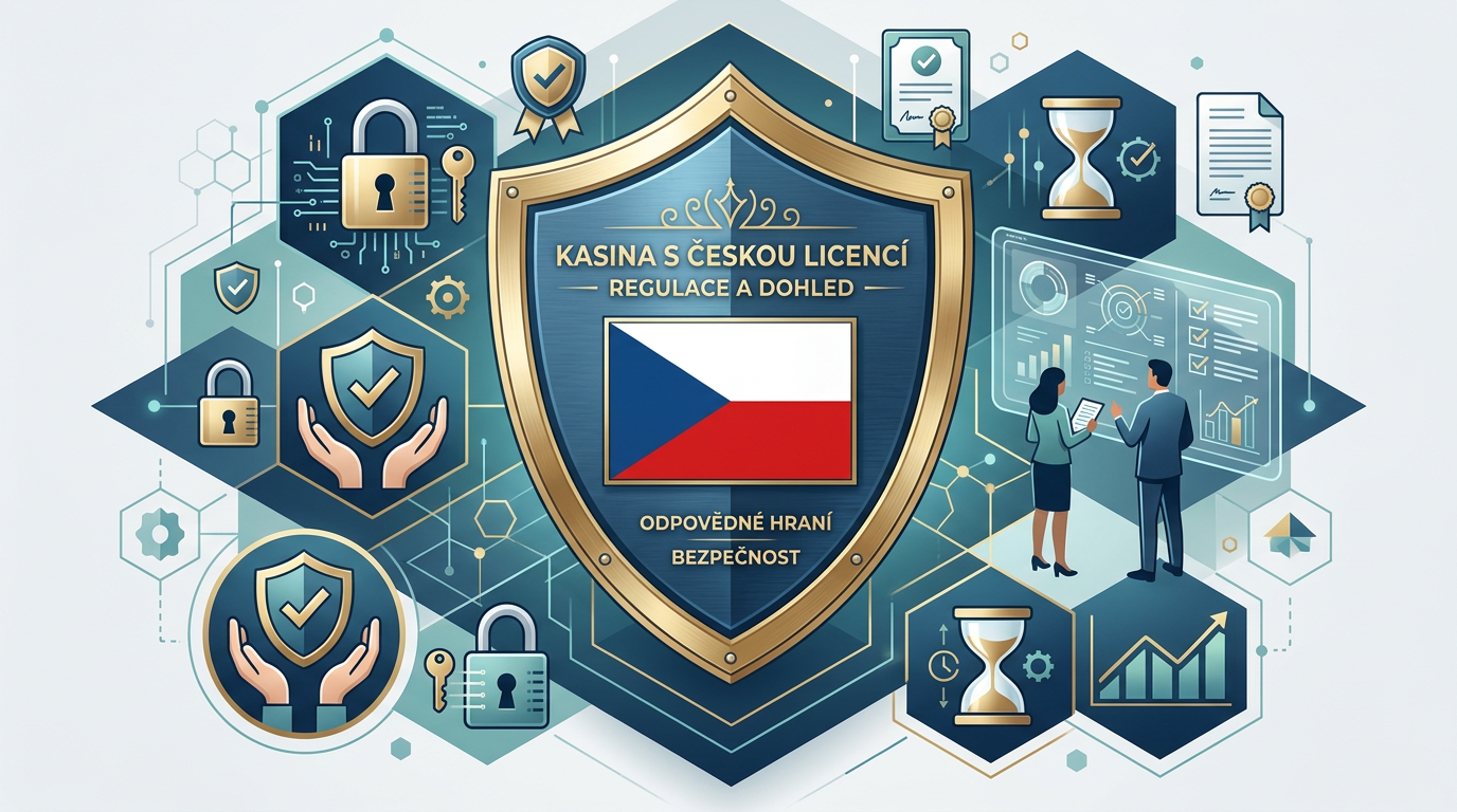Vizuální reprezentace bezpečného herního prostředí v České republice s důrazem na loga státní regulace a digitální bezpečnost.